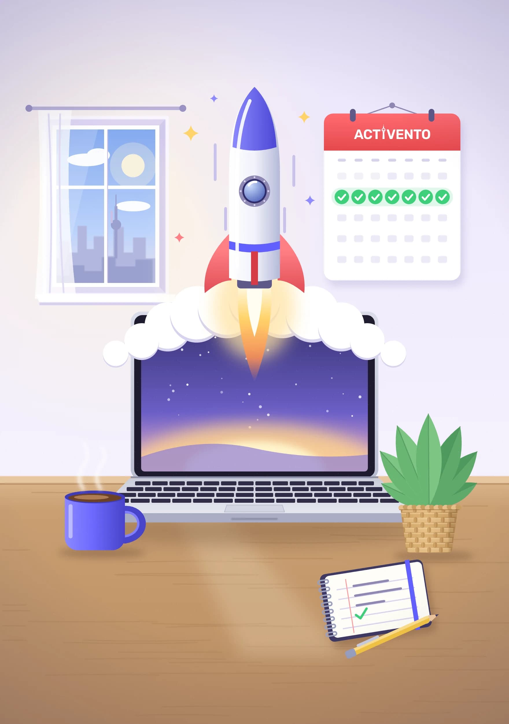 Illustration: Eine Rakete startet aus einem Laptop auf dem Schreibtisch, daneben ein Kalender mit einer grün abgehakten Woche