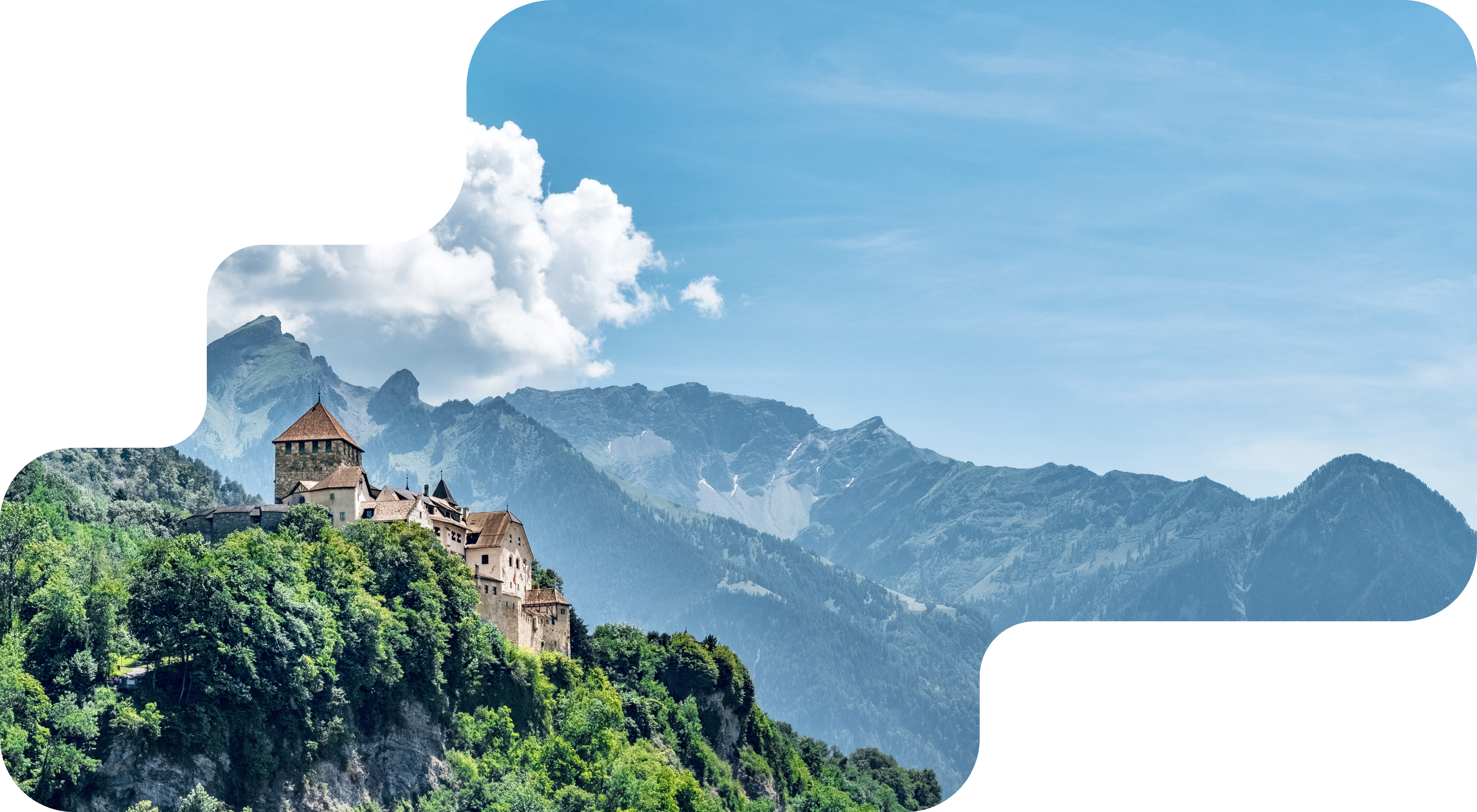 Castle on a wooded mountainside against an Alpine panorama, booking system for multi-day trips
