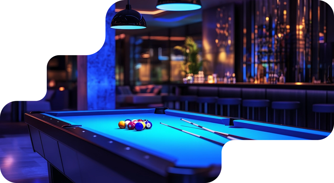 Pool table in a modern bar, booking system for indoor and outdoor sports