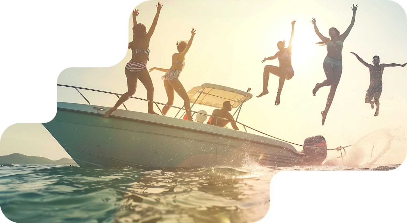 Private group jumping from a motorboat into the water, booking system for private tours and activities